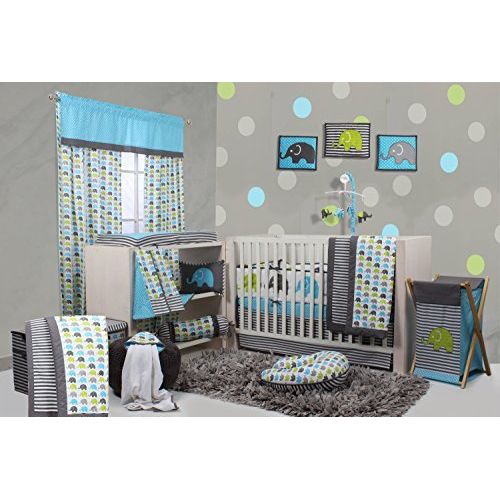  Bacati Elephants Crib Set with Bumper Pad, AquaLimeGrey