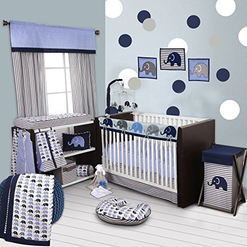  Bacati 10-Piece Elephants Nursery-in-A-Bag Crib Bedding Set with Long Rail Guard, BlueGrey