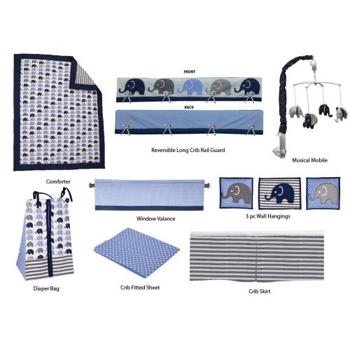  Bacati 10-Piece Elephants Nursery-in-A-Bag Crib Bedding Set with Long Rail Guard, BlueGrey