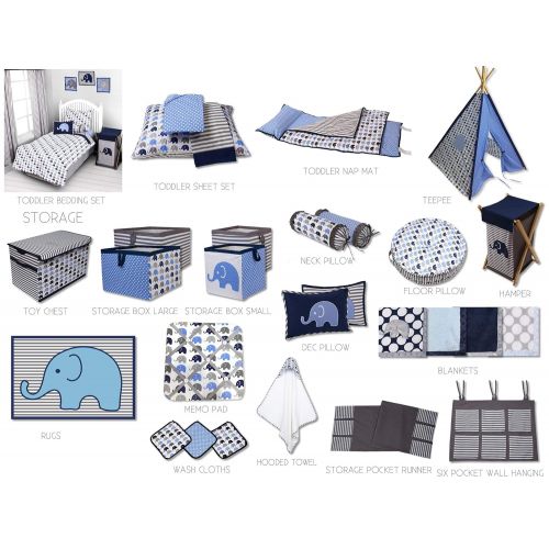  Bacati 10-Piece Elephants Nursery-in-A-Bag Crib Bedding Set with Long Rail Guard, BlueGrey