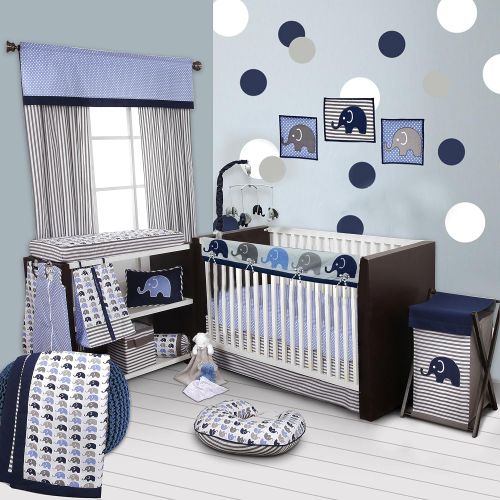  Bacati 10-Piece Elephants Nursery-in-A-Bag Crib Bedding Set with Long Rail Guard, BlueGrey