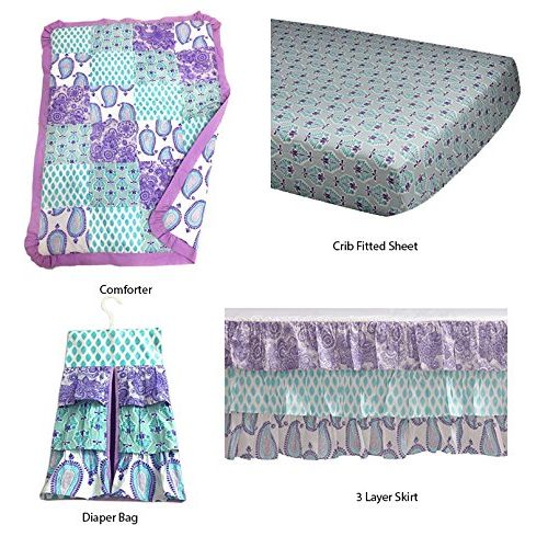  Bacati Isabella Paisley Girls 10 Piece Nursery-in-A-Bag Crib Bedding Set with Long Rail Guard, LilacPurpleAqua