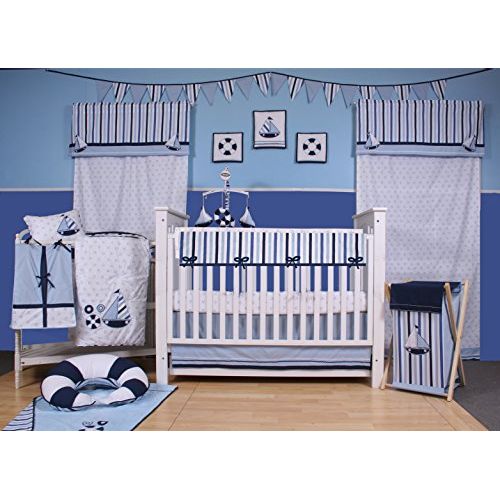  Bacati Boys 10-Piece Nursery-in-A-Bag Crib Bedding Set with Long Rail Guard, Little Sailor