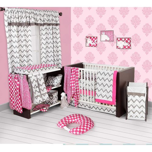  Bacati Ikat Chevron Muslin 10 Piece Crib Set with Bumper Pad, PinkGrey