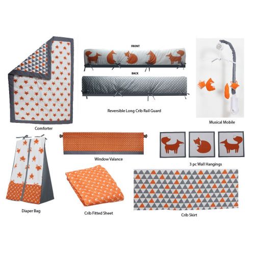  Bacati Playful Fox 10-Piece Nursery-in-A-Bag Crib Bedding Set with Long Rail Guard, OrangeGrey