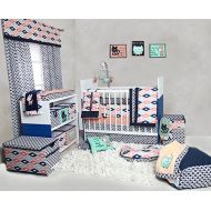 Bacati Emma Aztec 10 Piece Nursery-in-a-Bag Cotton Percale Girls Crib Bedding Set with Bumper Pad, CoralMintNavy