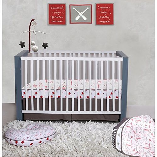  Bacati Baseball 100% Cotton 3 Piece Boys Crib Set with 4 Layer Lux BlanketFitted SheetSkirt, RedGrey