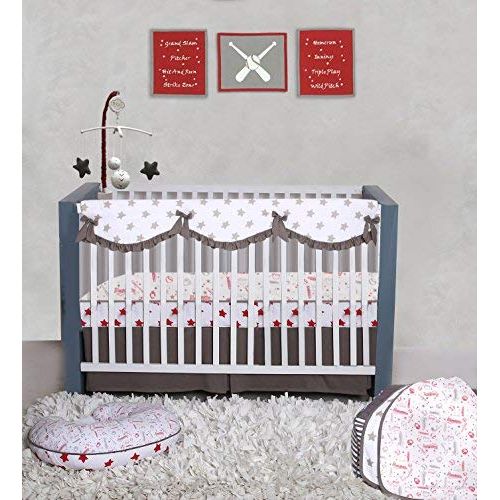  Bacati Baseball 100% Cotton 3 Piece Boys Crib Set with 4 Layer Lux BlanketFitted SheetSkirt, RedGrey