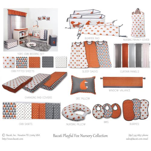  Bacati Playful Fox 3-Piece Portable Crib Bedding Set, Orange/Grey