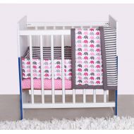 Bacati Elephants 3-Piece Portable Crib Bedding Set, Pink/Grey