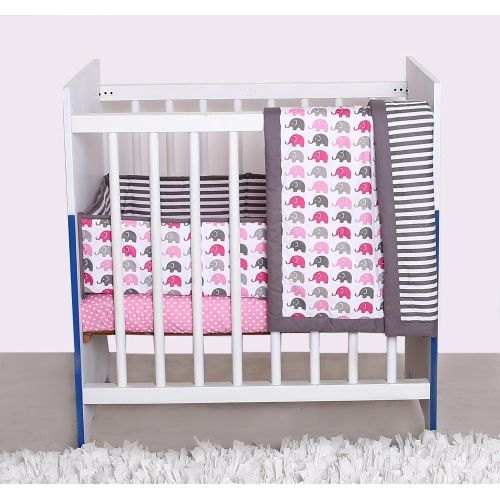  Bacati Elephants 3-Piece Portable Crib Bedding Set, Pink/Grey