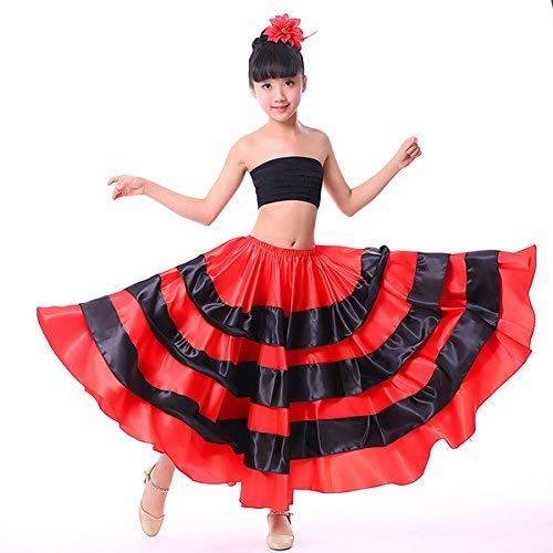  Backgarden Girl Children Gypsy Performance Tiered Skirt Belly Spanish Bull Dance Dress red/Black