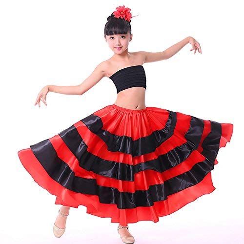  Backgarden Girl Children Gypsy Performance Tiered Skirt Belly Spanish Bull Dance Dress red/Black