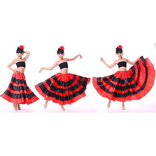  Backgarden Girl Children Gypsy Performance Tiered Skirt Belly Spanish Bull Dance Dress red/Black