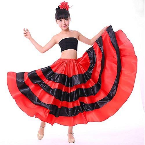  Backgarden Girl Children Gypsy Performance Tiered Skirt Belly Spanish Bull Dance Dress red/Black