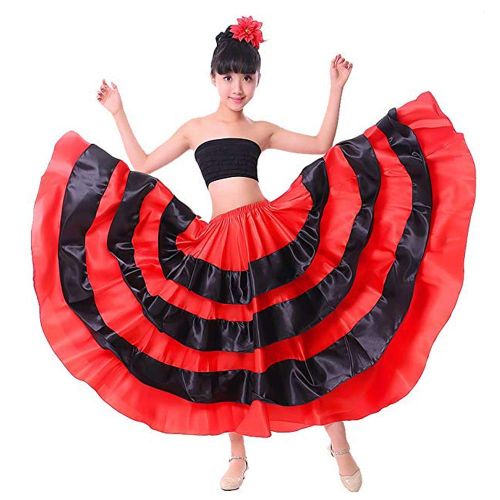  Backgarden Girl Children Gypsy Performance Tiered Skirt Belly Spanish Bull Dance Dress red/Black