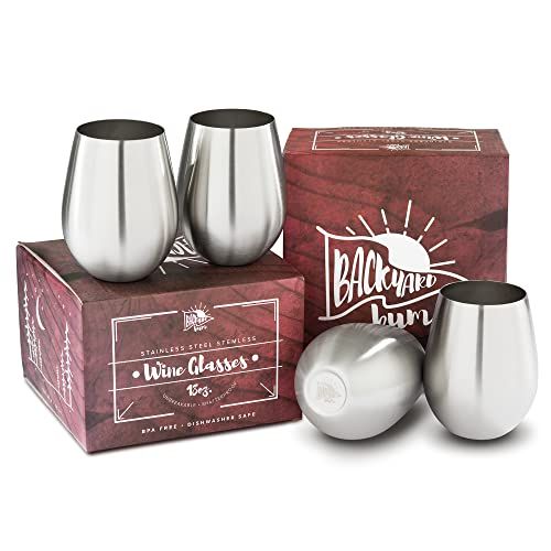  Premium Solid Stainless Steel Wine Glasses PLUS Recipe eBook | Stemless Wine Glass Set of 4, for Men and Women | Large 18 Ounce by Backyard Bum | Unbreakable and Tip Resistant for