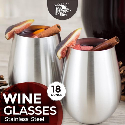  Premium Solid Stainless Steel Wine Glasses PLUS Recipe eBook | Stemless Wine Glass Set of 4, for Men and Women | Large 18 Ounce by Backyard Bum | Unbreakable and Tip Resistant for