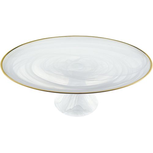  White Alabaster Glass with Gold Trim 13 Glass Cake Stand by Badash (Gold) (Silver Trim)