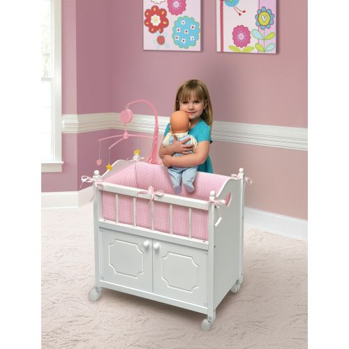  Badger Basket Gingham Doll Crib with Cabinet, Bedding, and Mobile - WhitePinkby Badger Basket