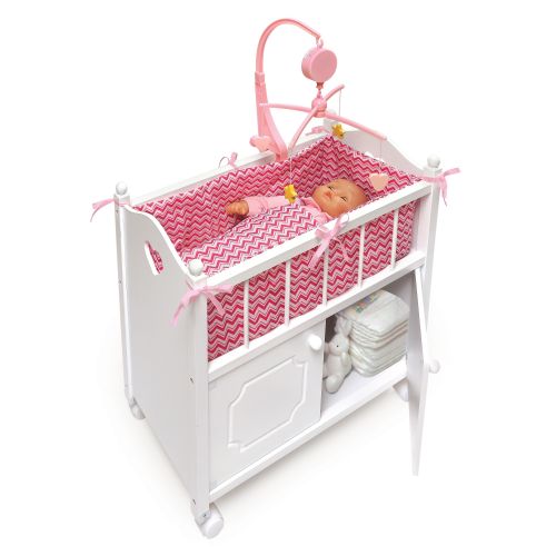  Badger Basket Gingham Doll Crib with Cabinet, Bedding, and Mobile - WhitePinkby Badger Basket