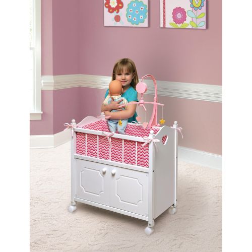  Badger Basket Gingham Doll Crib with Cabinet, Bedding, and Mobile - WhitePinkby Badger Basket