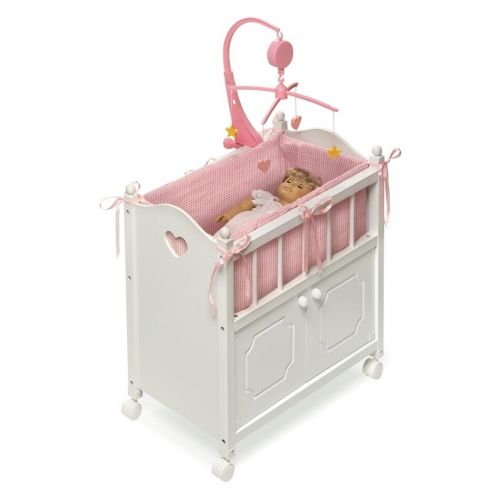  Badger Basket Gingham Doll Crib with Cabinet, Bedding, and Mobile - WhitePinkby Badger Basket