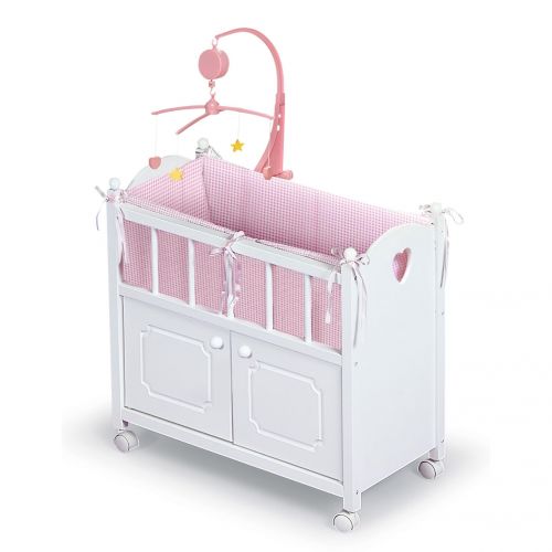  Badger Basket Gingham Doll Crib with Cabinet, Bedding, and Mobile - WhitePinkby Badger Basket