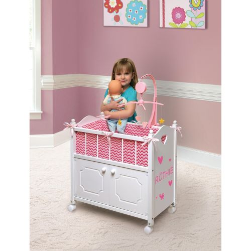  Badger Basket Gingham Doll Crib with Cabinet, Bedding, and Mobile - WhitePinkby Badger Basket