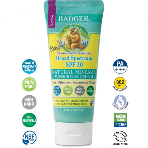  Badger - SPF 30 Baby Sunscreen Cream with Zinc Oxide - Broad Spectrum & Water Resistant, Reef Safe Sunscreen, Natural Mineral Sunscreen with Organic Ingredients 2.9 fl oz