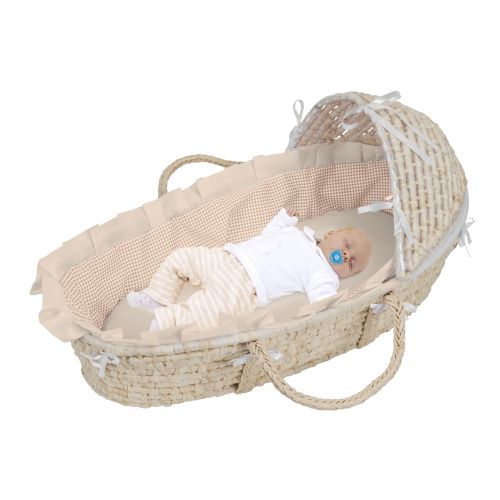  Badger Basket - Espresso Moses Basket with Hood and Brown Polka Dot Bedding