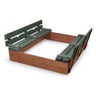 Badger Basket Covered Convertible Cedar Sandbox with Two Bench Seats Cedar Sandbox, Natural/Green, 46.5 x 46.5 x 9.5