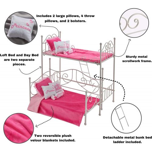  Badger Basket Metal Doll Loft Bed with Daybed and Bedding for 18 inch Dolls - White/Pink (60003)