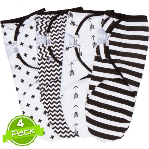  BaeBae Goods Black and White Swaddle Blankets, Adjustable Infant Baby Wrap Set of 4, Baby Swaddling Wrap Blankets Made in Soft Cotton