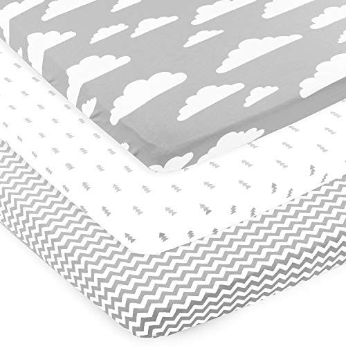  [아마존베스트]Pack n Play Playard Portable Crib Sheets | 100% Jersey Cotton Fitted Sheet Set | Grey and White Clouds | 150 GSM | 3 Pack by BaeBae Goods