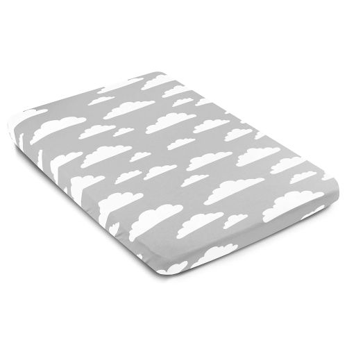  [아마존베스트]Pack n Play Playard Portable Crib Sheets | 100% Jersey Cotton Fitted Sheet Set | Grey and White Clouds | 150 GSM | 3 Pack by BaeBae Goods