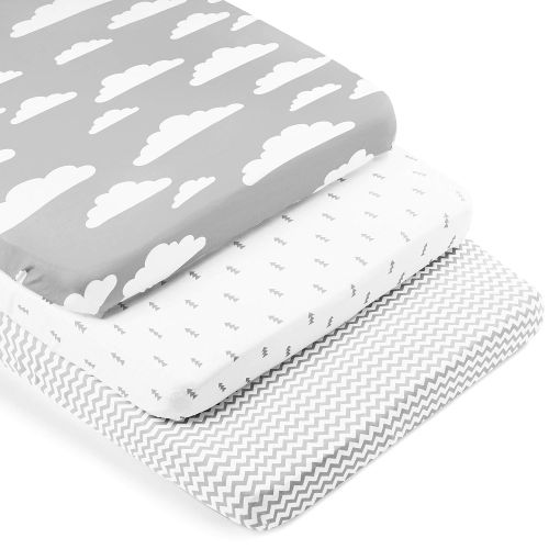  [아마존베스트]Pack n Play Playard Portable Crib Sheets | 100% Jersey Cotton Fitted Sheet Set | Grey and White Clouds | 150 GSM | 3 Pack by BaeBae Goods