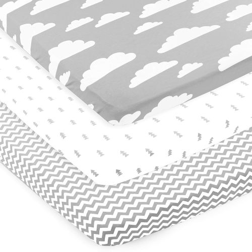  [아마존베스트]Pack n Play Playard Portable Crib Sheets | 100% Jersey Cotton Fitted Sheet Set | Grey and White Clouds | 150 GSM | 3 Pack by BaeBae Goods