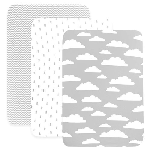  [아마존베스트]Pack n Play Playard Portable Crib Sheets | 100% Jersey Cotton Fitted Sheet Set | Grey and White Clouds | 150 GSM | 3 Pack by BaeBae Goods