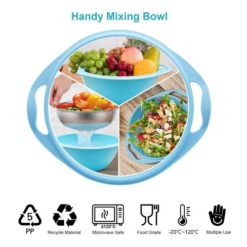  Baiyihui Colander Set, Professional Micro-perforated SUS304 (18/8) Stainless Steel Colander with Blue Food-grade PP Material Mixing Bowl, for Pasta/Noodles/Vegetables/Fruits/Grains