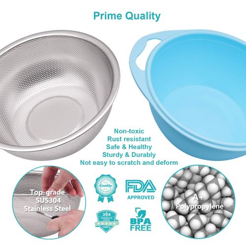  Baiyihui Colander Set, Professional Micro-perforated SUS304 (18/8) Stainless Steel Colander with Blue Food-grade PP Material Mixing Bowl, for Pasta/Noodles/Vegetables/Fruits/Grains