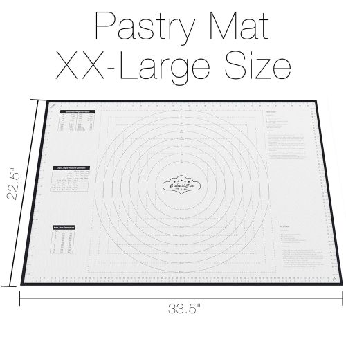  BakeitFun XX-Large Silicone Pastry Mat With Measurements, 33.5 x 22.5 Inches, Full Sticks To Countertop For Rolling Dough, Conversion Information Included, Perfect Fondant Surface, Black