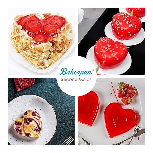  Bakerpan Silicone Heart Mold for Baking, Heart Muffin Baking Tray, Valentine's Day Silicone Mold, Mini Cake Heart Pan, 2 3/4 Inch Hearts, Heart Mold Silicone, 6 Hearts - Set of 2