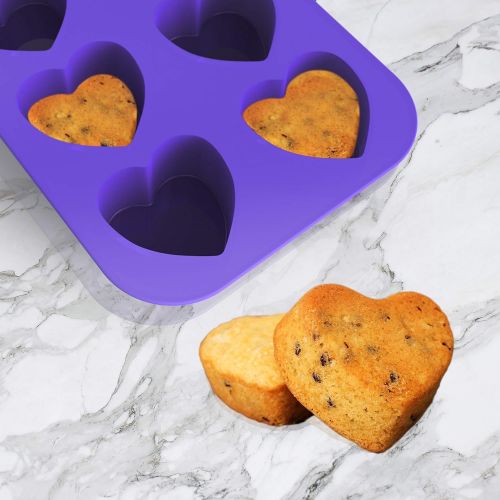  [아마존베스트]Bakerpan Silicone Mini Cake Pan, Muffin Baking Tray, Pastry Mold, 2 1/4 Inch Hearts, 8 Cavities (Purple)