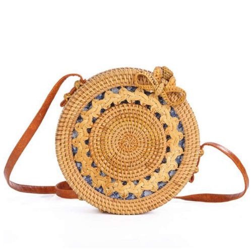  Balalafairy Beach Purse and Handbags Women Crossbody Bag Round Straw Bag Handmade Women Hand Bag Stylish Girls Tote Beach Bag Straps Natural Chic Handwoven Bag (Color : Primary Color, Size : 2