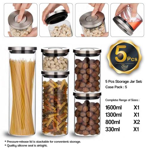  Balchy 5-Piece Canisters Sets with Silicone Seal Borosilicate Glass Jars Vacuum Seal for Tea Coffee Sugar Pop Flour Canister for Kitchen