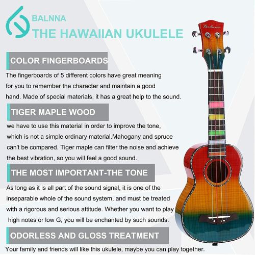  Balnna Soprano Ukulele Maple 21 inch Traditional High-gloss Rainbow Learn to Play,Color String with Soft Case Gig Bag