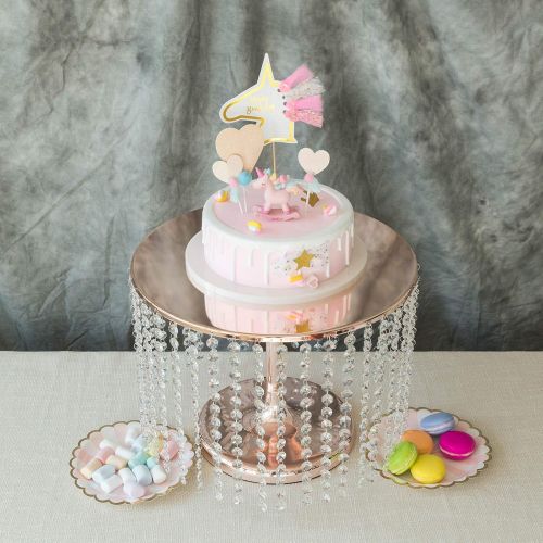  BalsaCircle 12 inch Tall Rose Gold Round Crystal Pendants Metal Cake Stand - Cupcake Decorations Birthday Party Supplies Dessert Display Wedding Centerpiece Riser