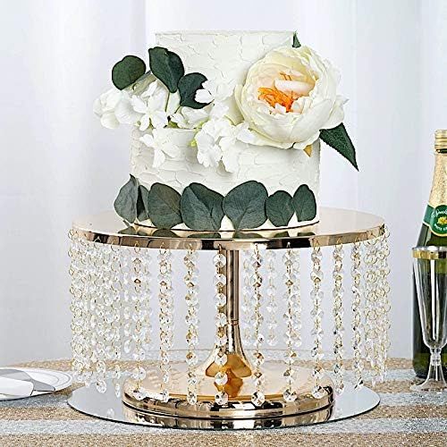  BalsaCircle 7.5-Inch Tall Gold Crystal Pendants Round Metal Cake Stand - Birthday Party Wedding Dessert Pedestal Centerpiece Riser