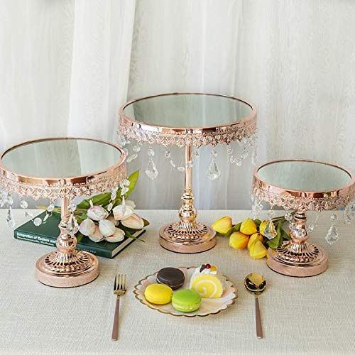  BalsaCircle Cake Stands BalsaCircle Rose Gold Set of 3 Round Centerpieces Cake Stands with Crystal Chains - Birthday Party Wedding Dessert Pedestal Riser